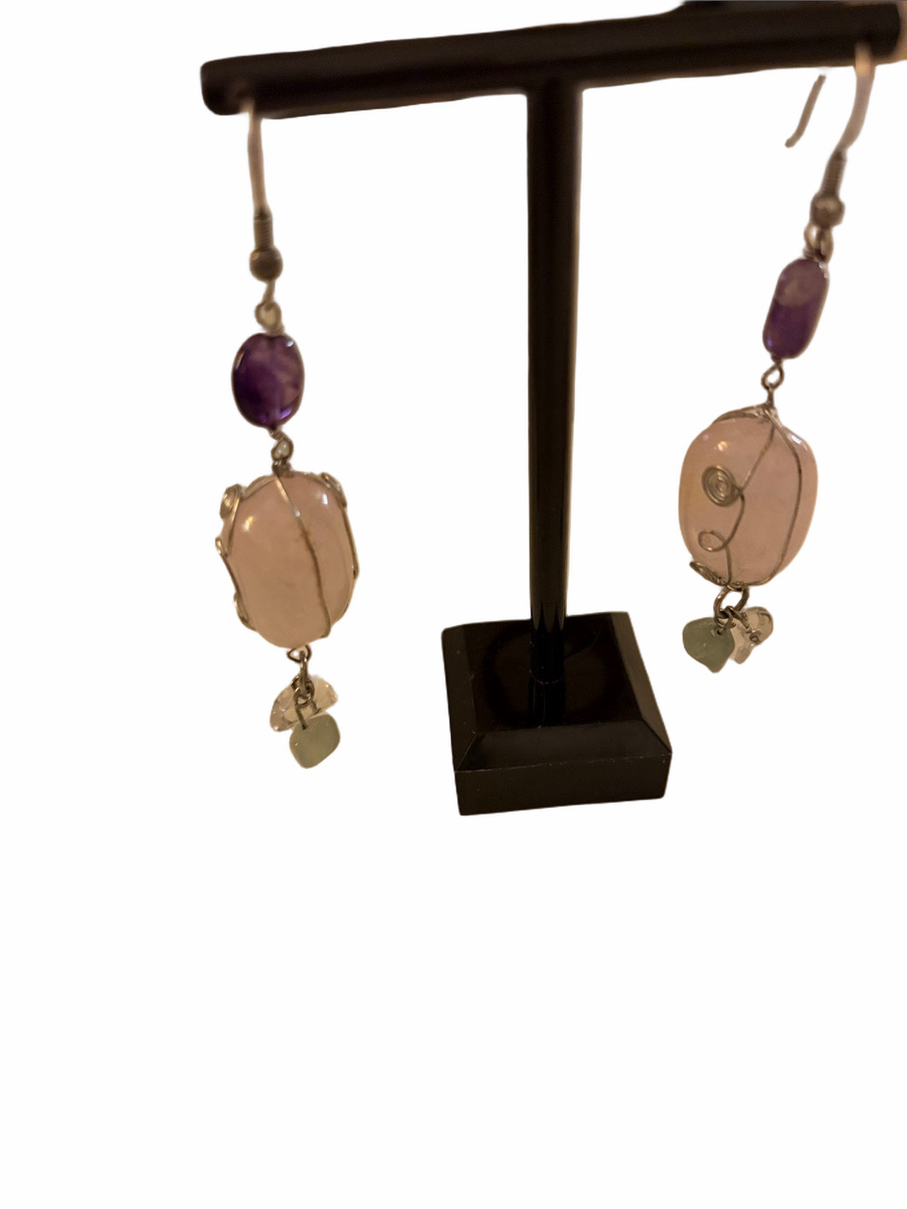 Sterling Silver Artisan wire wrapped rose quartz,amethyst, peridot, pierced ear.